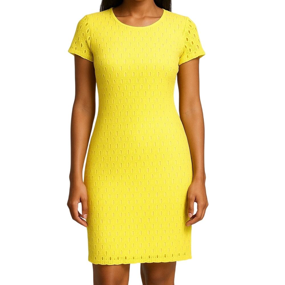 Y2K Vintage Bisou Bisou Yellow Lace Sheath Dress L 14 Crochet Overlay Boho Glam